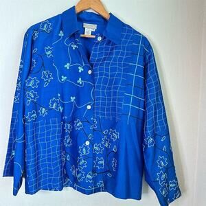Coldwater Creek Women's Blue Patchwork Floral Silk Shacket Long‎ Sleeve Size M